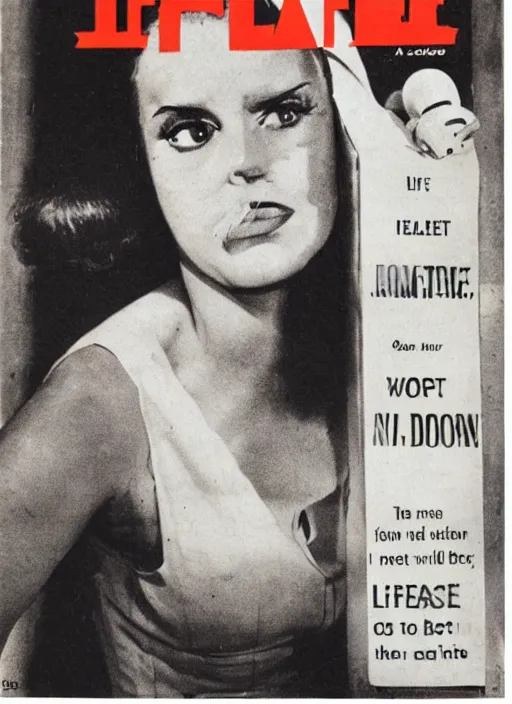 Image similar to LIFE magazine cover, photograph of a woman scared of a robot