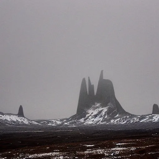 Prompt: a monolithic cathedral on a snowcapped mountain in the artic. grainy, snowing, overcast sky.