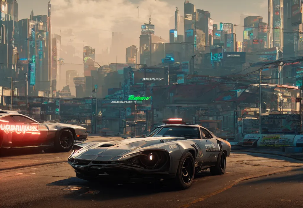 Image similar to screenshot of a car in cyberpunk 2077, 4k render, detailed, unreal engine