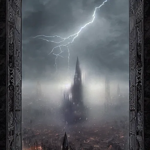 Image similar to an ultra detailed tarot card of a lonely and impossibly tall ominous gothic dark tower elevated high above the city, in a river elevated high above the city, fantasy capital city, ultrawide lense, aerial photography, scary thunderstorm, light fog, volumetric lighting, exquisite detail, 8 k, art by greg rutkowski and alphonse mucha