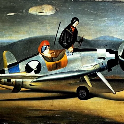 Prompt: oil painting by hieronymous bosch of a pilot preparing for take - off in p - 5 1 mustang.