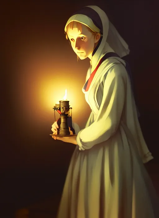 Image similar to old florence nightingale holding an oil lamp in a crimean war hospital 1 8 5 5, low light, trending on pixiv fanbox, painted by greg rutkowski makoto shinkai takashi takeuchi studio ghibli