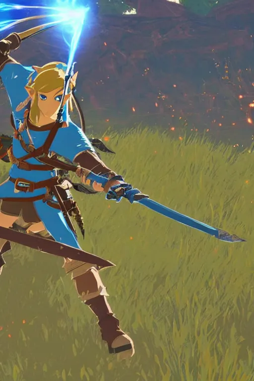 Image similar to in game footage of link from the legend of zelda breath of the wild firing an exploding arrow, breath of the wild art style.