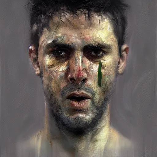 Prompt: A realistic hyperdetailed multi-colored digital oil portrait painting of a man crying about soccer in the style of Guy Denning, Ruan Jia, and Craig Mullins. Trending on ArtStation and DeviantArt. CGSociety Digital art.