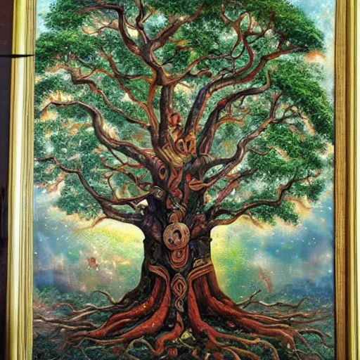 Image similar to A 100 year old ancient huge glowing tree of life, fantasy painting, lots of detail