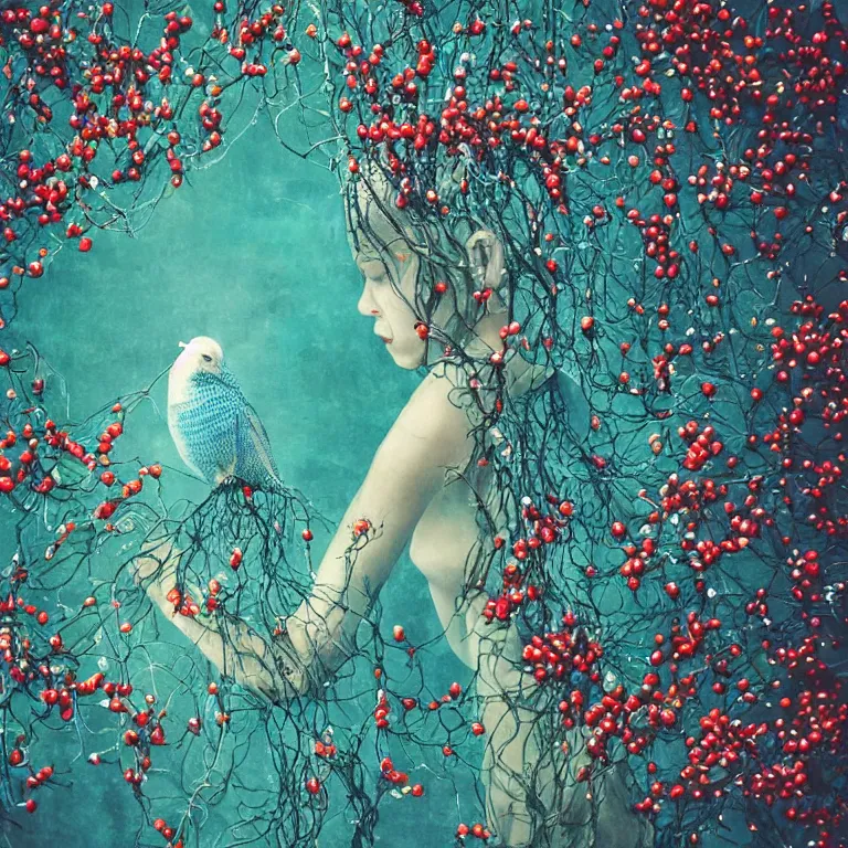 Image similar to human with the sea and the forest inside, veins diverge through the body like rivers filmed on a satellite, a person is decorated with wild berries, a beautiful bird is looking at him next, colorful picture