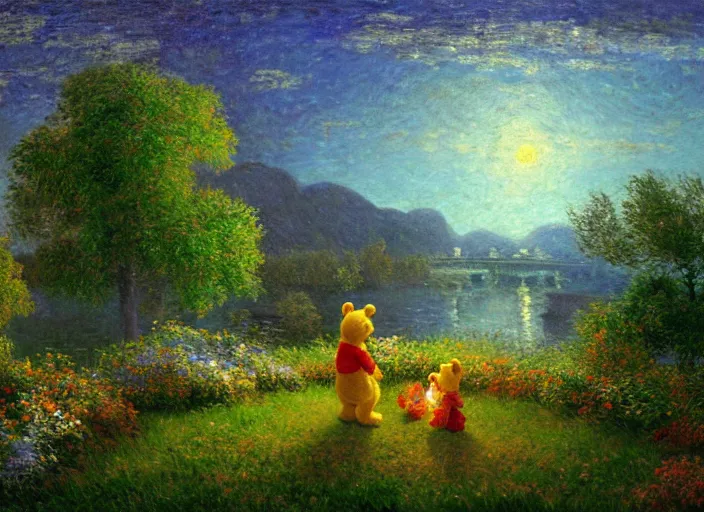 Prompt: romanticism impressionism landscape painting of winnie the pooh characters at night, night time, colorful paper lanterns, string lights, in the style of hudson river school and thomas cole and albert bierstadt and vincent van gogh and claude monet