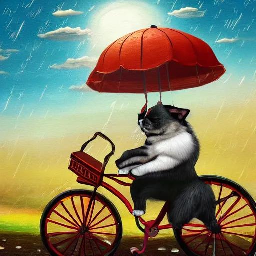 Image similar to painting of a dog riding a bicycle on top of a train, raining, on the surface of the moon, cat in bicycle basket, trending on artstation