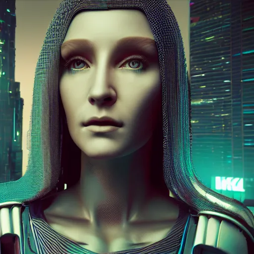 Prompt: a futuristic still of cyberpunk monalisa in a cyberpunk city, 8k, trending on artstation, highly detailed, 3d octane render