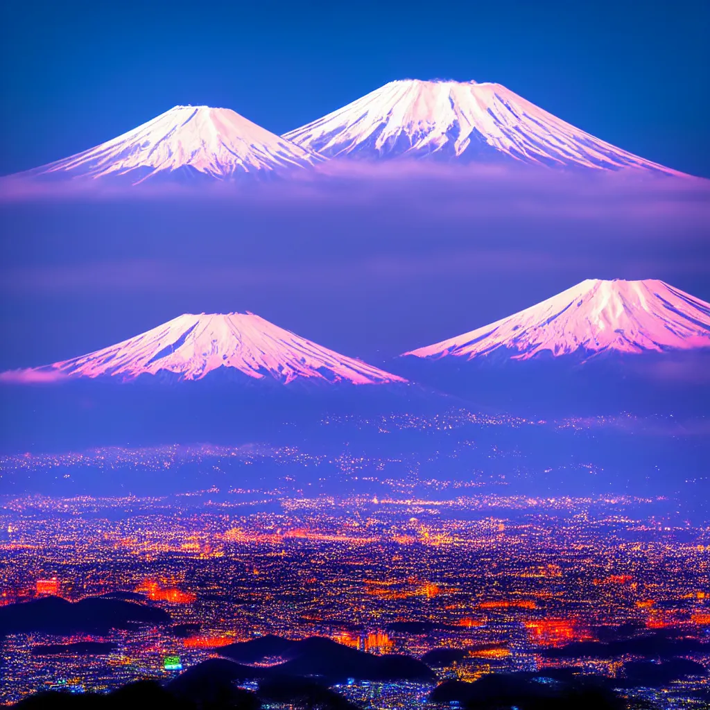 Prompt: extremely detailed photograph of distant of Mount Fuji mountain snow covered at night, vibrant colors, immersive, volumetric lighting
