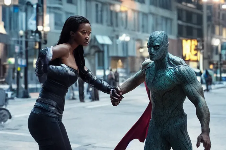 Image similar to movie powerful mutant heroes interracial couple closeup, DC Marvel fashion, VFX powers at night in the city, city street, beautiful skin, natural lighting by Emmanuel Lubezki