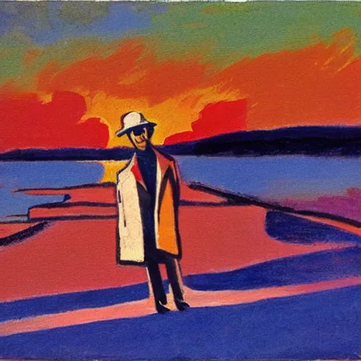 Image similar to a fauvist painting of a man holding his coat, on an empty beach at sunrise, long shadows,