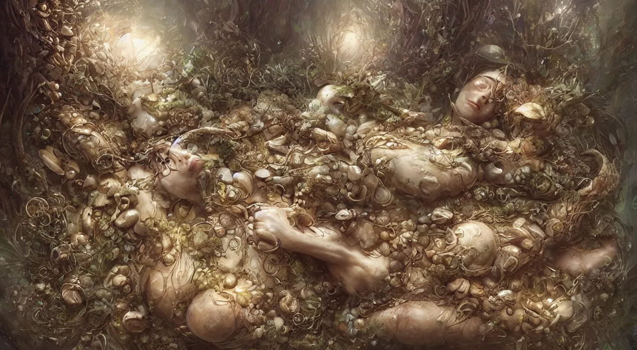 Image similar to a bio - mechanical pretty sleeping giant woman with mushrooms as camouflage, by ellen jewett, tomasz alen kopera and justin gerard : 3
