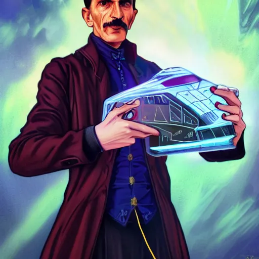 Prompt: [UHD Nikola Tesla as a GTA character on the streets of futuristic laserpunk Dallas, holding a wicked ray gun, correct face, intricate facial details, symmetrical face, elegant, graphic detail, digital painting, trending on artstation, concept art, tonalism, sharp focus, illustration, art by Akira Toriyama and Greg Rutkowski and Alphonse Mucha]