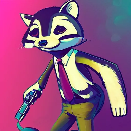 Image similar to “ racoon in the style of zootopia holding laser gun, floating alone, with a black background, digital art, award winning, trending on art station, retro style ”