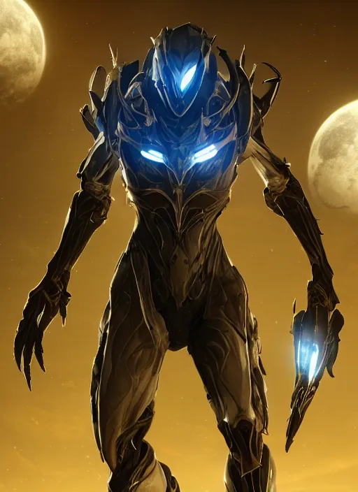 Prompt: warframe!! standing in a field at night, night time, moonlight, dark blue sky, finely illustrated, highly detailed, octane render, glowing bio lights, glowing eyes, good value control, good edge control, anime, animation, watercolor texture, 8 k, segmented armor, segmented organic armor, moody lighting