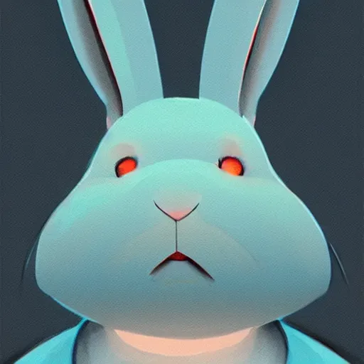 Image similar to artstation, by hayao myazaki, concept art, digital art, light blue, 2 - dimensional, 2 d, a rabbit robot