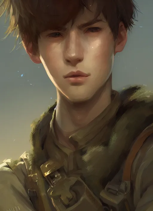 Image similar to a portrait of a male young soldier, intricate, tone mapped, ambient lighting, highly detailed, digital painting, artstation, concept art, 4 k, stunning beautiful, sharp focus, by makoto shinkai and akihiko yoshida and hidari and wlop