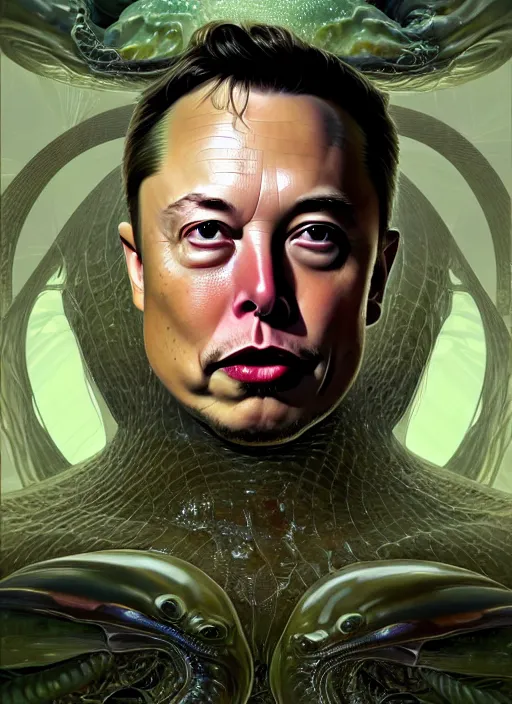 Image similar to elon musk as slimy mollusk character, drool, full length portrait, intricate, elegant, highly detailed, digital painting, artstation, concept art, wallpaper, smooth, sharp focus, illustration, art by h. r. giger and artgerm and greg rutkowski and alphonse mucha