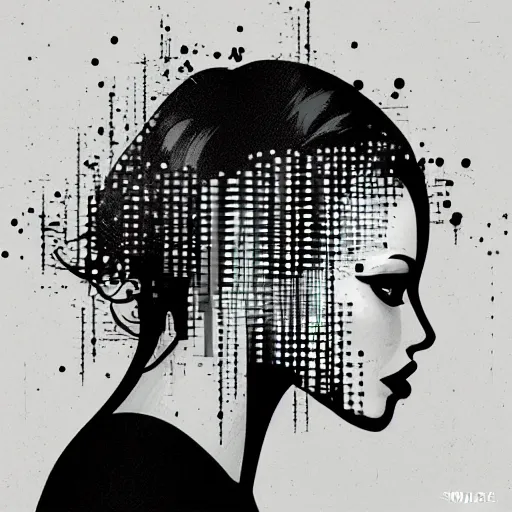 Prompt: beautiful elegant woman seen in profile, from the side, haloed by an explosion of microsoft excel chart lines and graphs by sandra chevrier, rik oostenbroek, simple contrasted color, white background