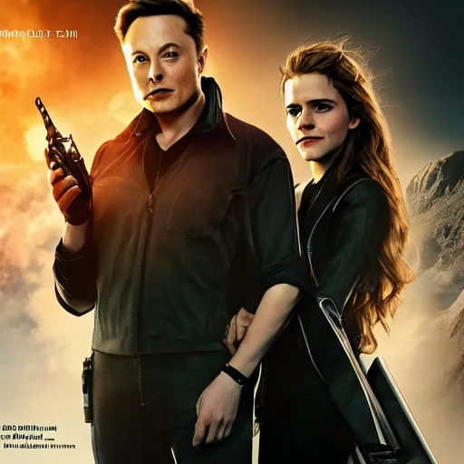 Image similar to elon musk and emma watson on epic sci fi movie poster 4k