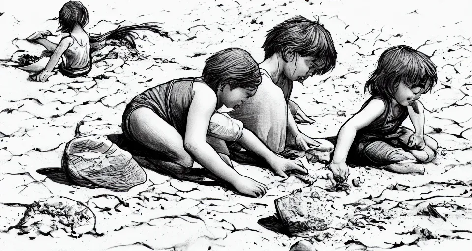 Prompt: little boy and little girl play with sand in beach , Line art, b&w, high quality, how to draw, by David Finch , trending on artstation