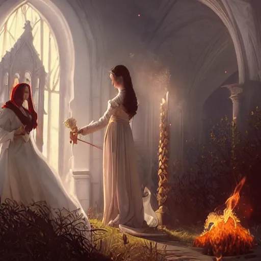 Image similar to an beautiful and detailed matte painting of a lesbian wedding between evil pyromancer and a vampire red mage, unholy union, white church background, god rays, sharp focus, highly detailed, cinematic lighting, studio quality, colorful, smooth render, vector illustration, award winning, by artgerm, greg rutkowski, alphonse mucha