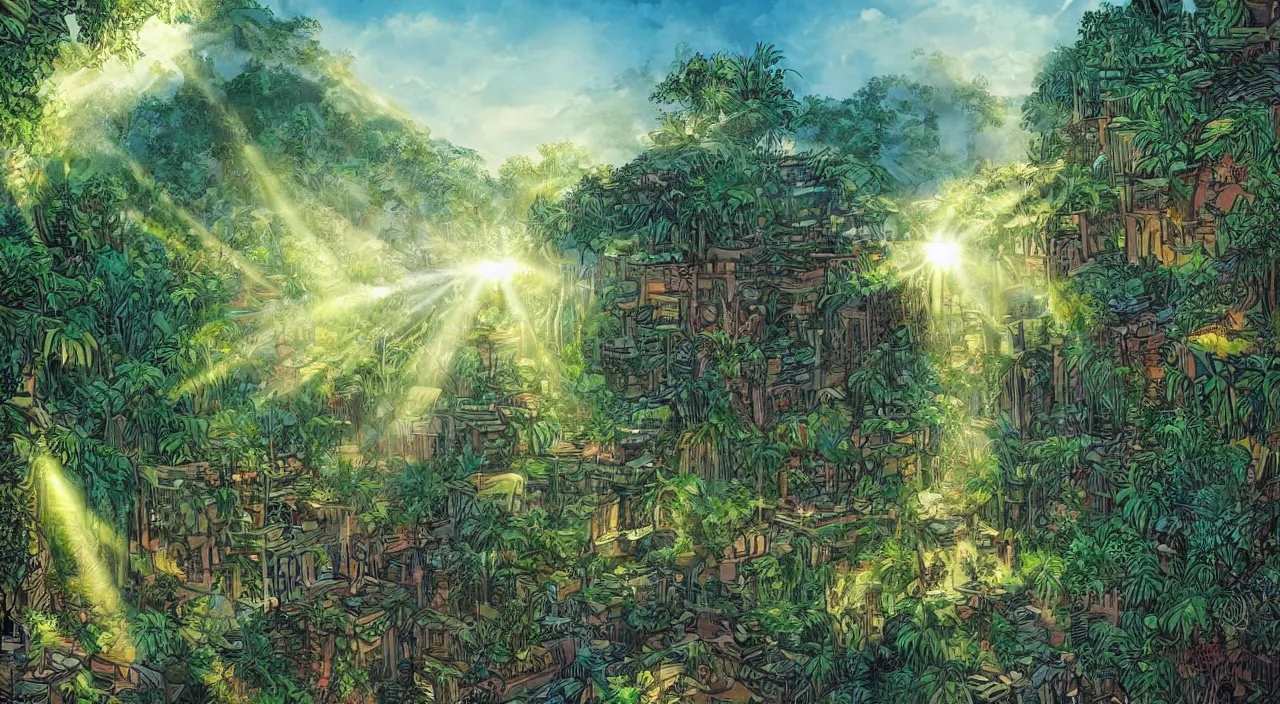 Image similar to zouk fabric jungle dirt wall fortress a spectacular view cinematic rays of sunlight comic book illustration, by john kirby