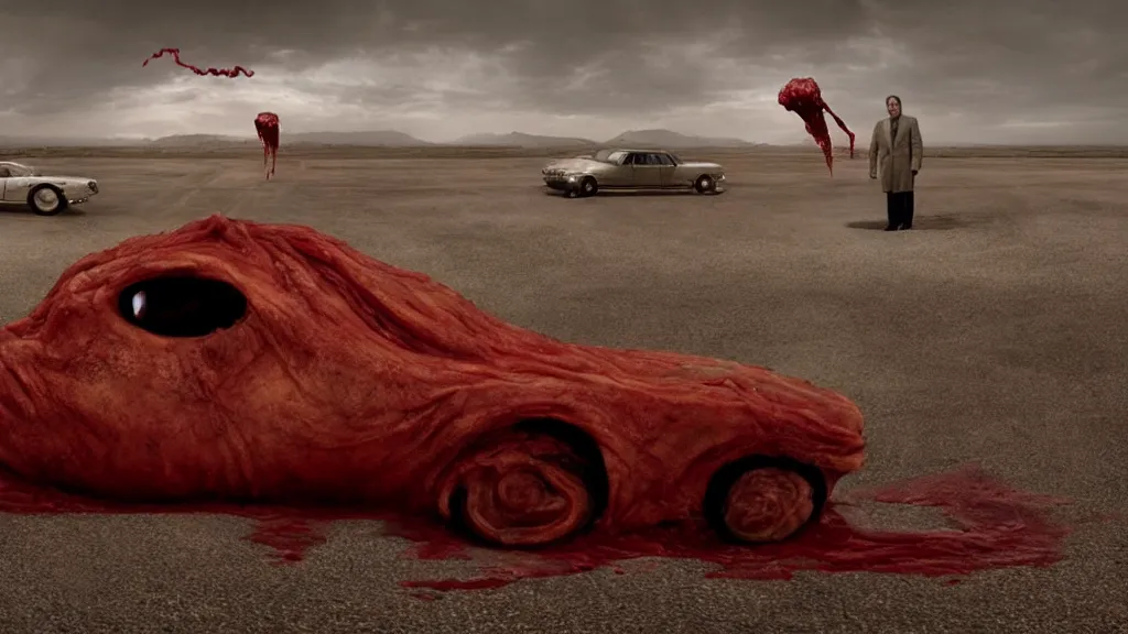 Prompt: the creature sells a used car, made of wax and blood, film still from the movie directed by Denis Villeneuve with art direction by Salvador Dalí, wide lens