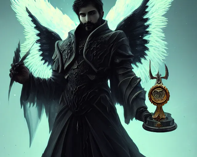 Image similar to dark art blizzard, portrait of fallen man angel with wings with award in his hand, bokeh. dark art masterpiece artstation. 8k, sharp high quality illustration in style of Jose Daniel Cabrera Pena and Leonid Kozienko, concept art by Tooth Wu