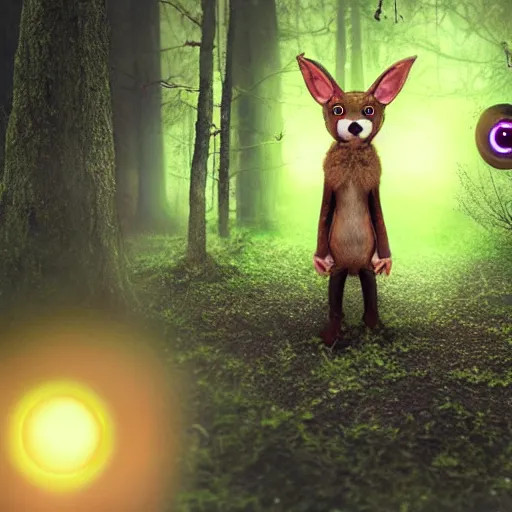 Image similar to a cute furry creature with long ears standing in a forest, big glowing eyes, fantasy, mark ryden, concept render, cinematic lighting