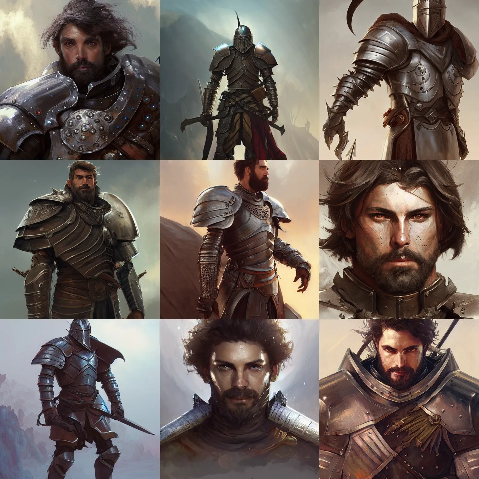 Prompt: rugged male knight, armored, fantasy, D&D, portrait, highly detailed, digital painting, artstation, concept art, sharp focus, illustration, art by artgerm and greg rutkowski and alphonse mucha