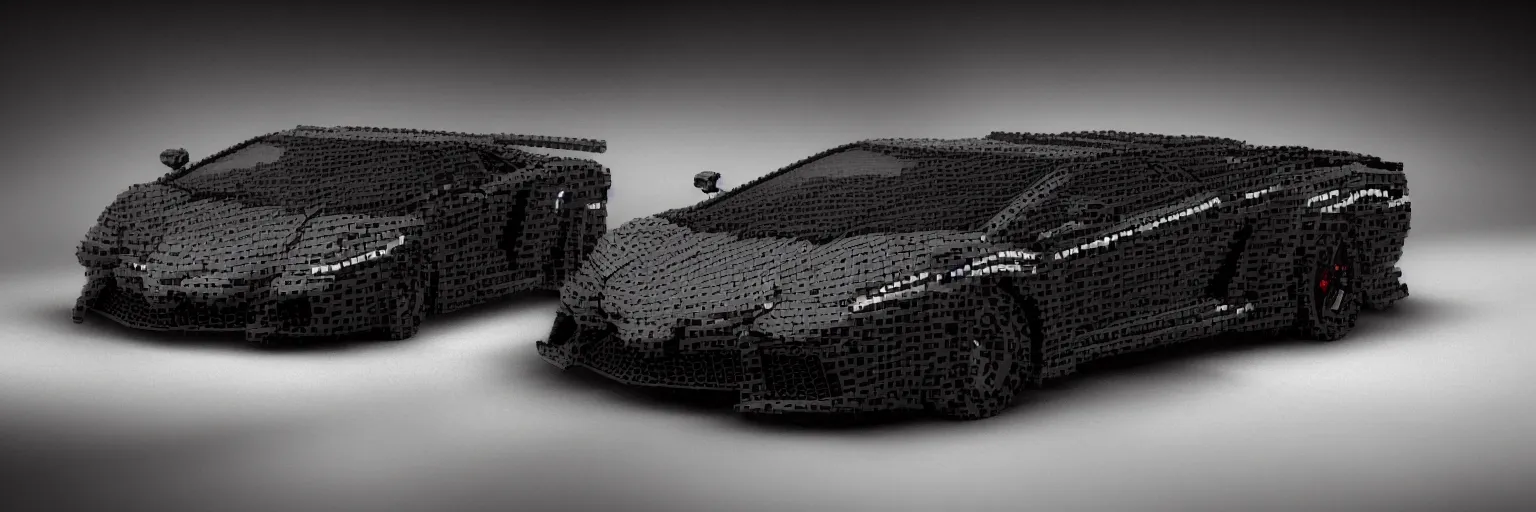 Image similar to black lego lamborghini. soft light. dark background. cinematic. intricate. close - up shot. highly detailed. matte painting in the style of craig mullins