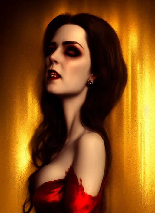 Image similar to realistic matte painting, full length portrait, the duchess of blood owns the las vegas night, vampire, highly detailed, CGsociety, subtle, concept art, HDR, hyper realistic, volumetric lighting, subsurface scattering, unreal