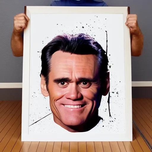 Prompt: a bowling ball carrier with a print of spherical jim carrey