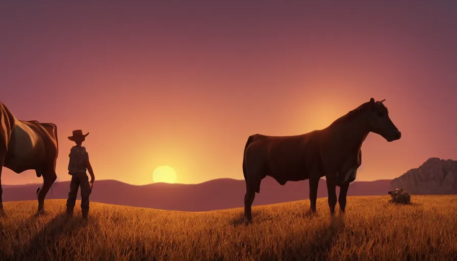 Image similar to cow - boy and his horse admiring sunset from the edge of a hill, desert, hyperdetailed, artstation, cgsociety, 8 k