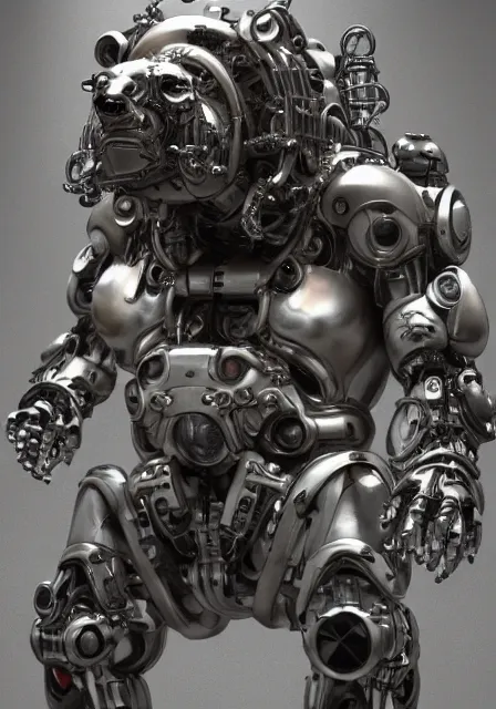 Image similar to complex 3 d render hyper detail portrait of a mechanical bear cyborg, sci fi, full body, intricate, art by kazuhiko nakamura and hajime sorayama, 8 k octane detailed render, post - processing, extremely hyperdetailed, intricate futuristic mechanic parts, maya, dark background, sharp focus, blender, cinematic lighting + masterpiece, trending on artstation