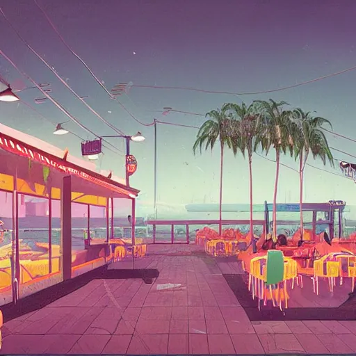 Prompt: inside beachfront fast food restaurant with palm trees by simon stalenhag