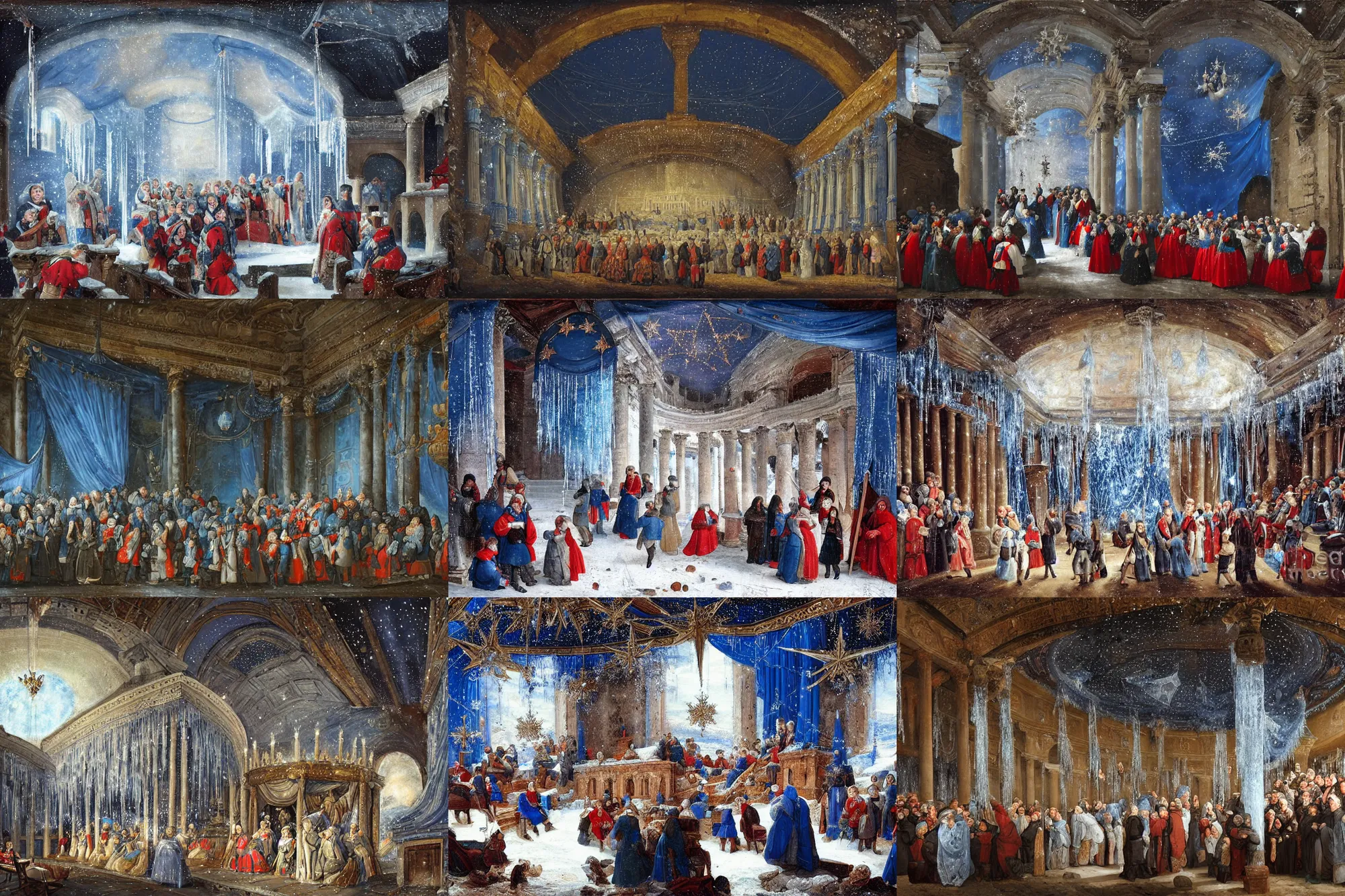 Prompt: polovstian choir in a colloseum, winter, icicles, blue hanging drapery on ceiling showing stars, digital painting, fantasy, art by alexandre mahboubi christophe oliver jan brueghel the elder