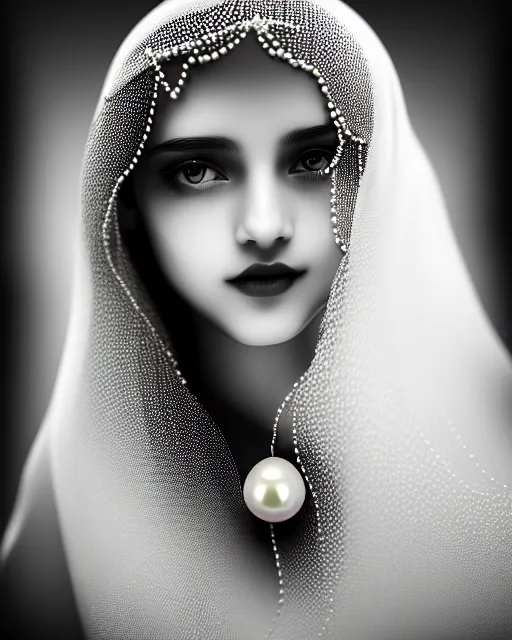 Image similar to black and white dreamy young beautiful veiled female artificial intelligence, realistic pearl ornament in the face, long hair are intricate with highly detailed realistic pearls, cinematic, rim light, bokeh, photo - realistic, elegant, high detail, 8 k, masterpiece, photo taken in 1 9 3 0