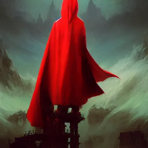 Prompt: ''cinematic shot'' red hooded wizard with bells ringing simetrical 8 k atmosferic realistic, wearing a green cape, holding a bell, made by ivan aivazovsky, peter mohrbacher, greg rutkowski volumetric light effect broad light oil painting painting fantasy art style sci - fi art style realism premium prints available artwork unreal engine