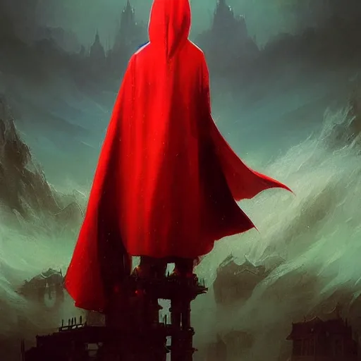 Image similar to ''cinematic shot'' red hooded wizard with bells ringing simetrical 8 k atmosferic realistic, wearing a green cape, holding a bell, made by ivan aivazovsky, peter mohrbacher, greg rutkowski volumetric light effect broad light oil painting painting fantasy art style sci - fi art style realism premium prints available artwork unreal engine