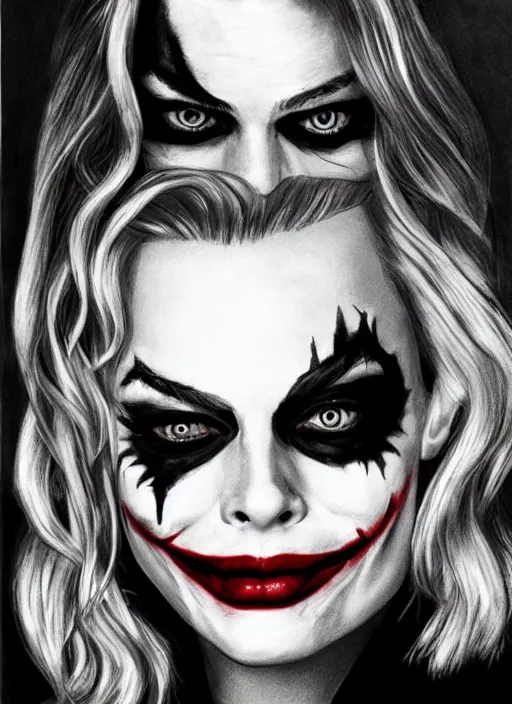 Prompt: a drawing of margot robbie with joker makeup, ace card, realistic face, black and white, hyper realistic, highly detailed
