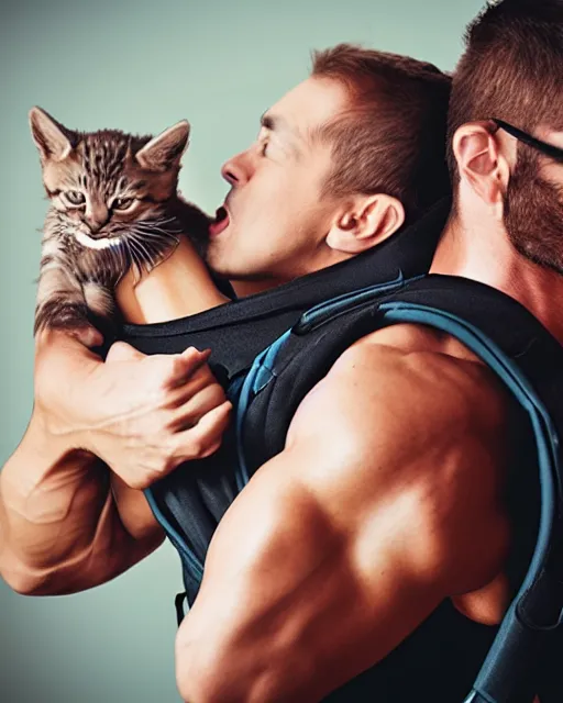 Prompt: badass muscular man wearing baby sling on the back with yawning kitten in it without baby, sunglasses, studio portrait, golden ratio, backlit