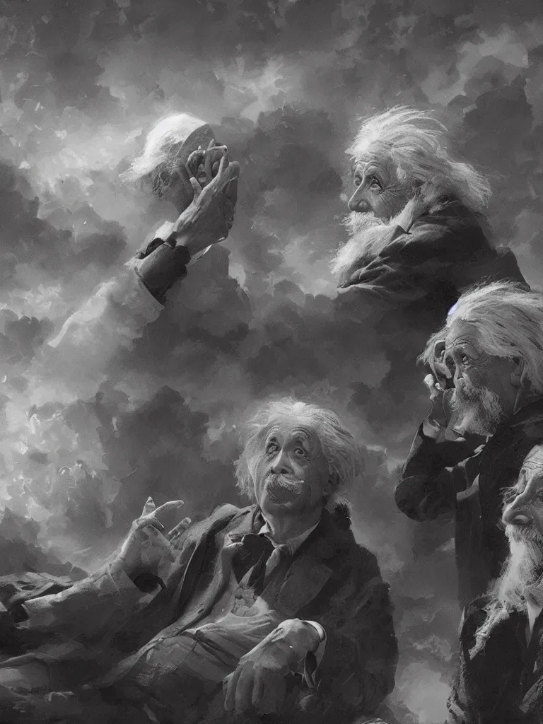 Image similar to Albert Einstein and Alan Watts having a metaphysical discussion, hyperdetailed artstation cgsociety by greg rutkowski and by Gustave Dore