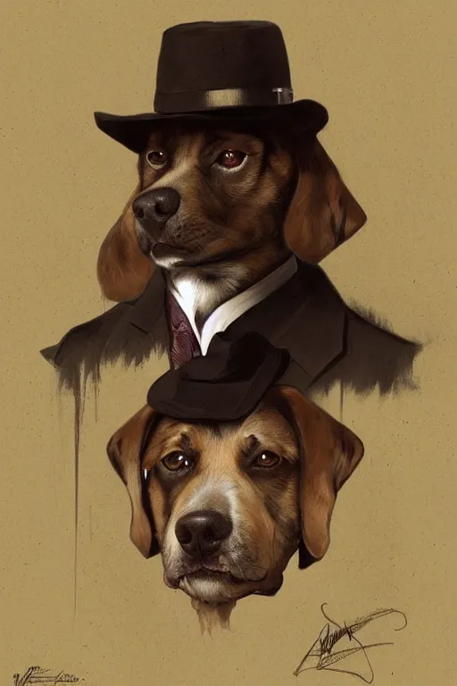 Image similar to portrait illustration of a dog as a italian mafia leader, intricate, elegant, highly detailed, digital painting, artstation, concept art, smooth, sharp focus, illustration, art by artgerm and greg rutkowski and alphonse mucha and william - adolphe bouguereau