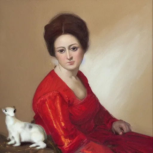 Prompt: an oil painting of a woman seated in profile, holding a small white ermine in her left hand. She is dressed in a lavish red and gold gown, and her dark hair is pulled back from her face in a severe style. Her expression is one of calm detachment, and she stares straight ahead with a slight smile on her lips. The painting is executed in the Renaissance style, with the sitter placed within an ornate setting. light and shadow creates a sense of depth and volume, and the use of color is quite striking. The lady's gown is a rich red, which contrasts sharply with the white of the ermine. There is a great deal of detail in the painting, from the folds of the lady's gown to the individual hairs of the ermine's coat.