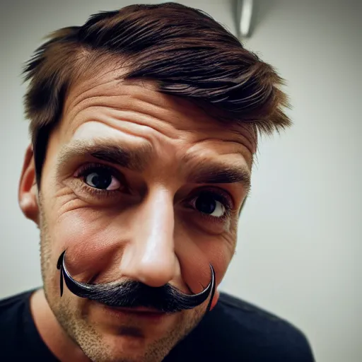 Prompt: photo of a dark haired man with long face, dark brown eyes and eyelashes, moustache, long nose, stubble