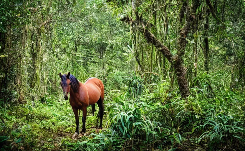 Prompt: a horse, in the jungle, photography