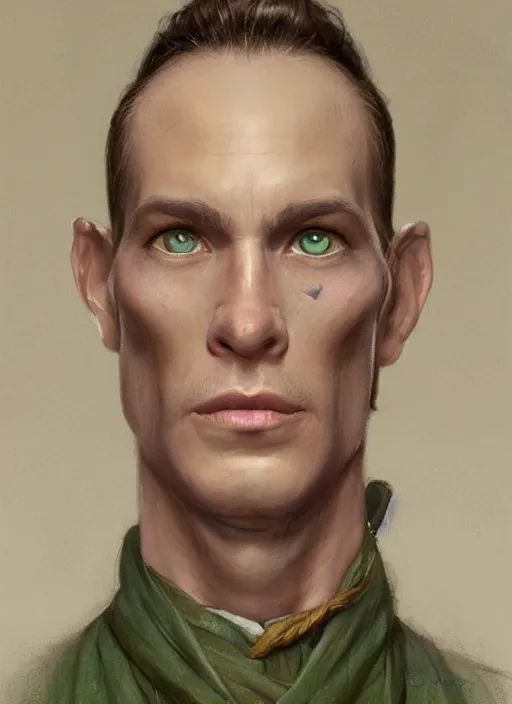 Image similar to a spiritual man in his twenties smirking with medium light brown hair tied back, light green eyes, a large forehead, a widows peak and a round face with high cheekbones and full lips as a realistic d & d fantasy character, portrait art by donato giancola and greg rutkowski, vintage retro, realistic face, digital art, trending on artstation